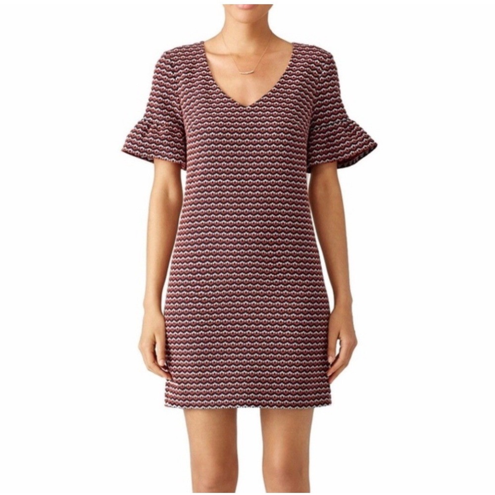 Trina Turk $378 Aneesha Tweed Lined Retro Ruffle Navy Coral Shift Dress Size 0